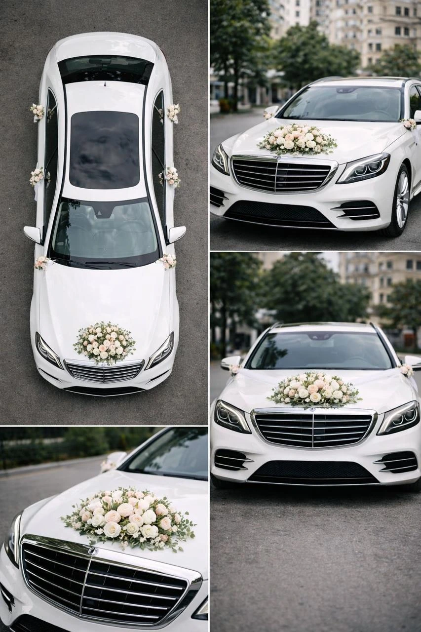 Portrait of a wedding car with floral hood decoration